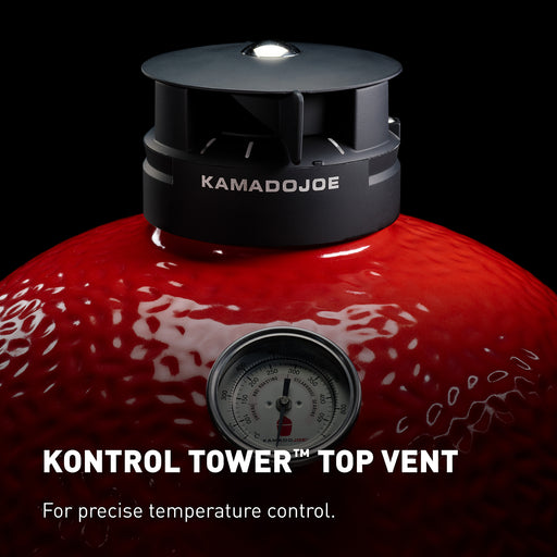 Kontrol Tower top vent and thermometer on Big Joe II dome allows precise airflow adjustments for steady smoking and searing