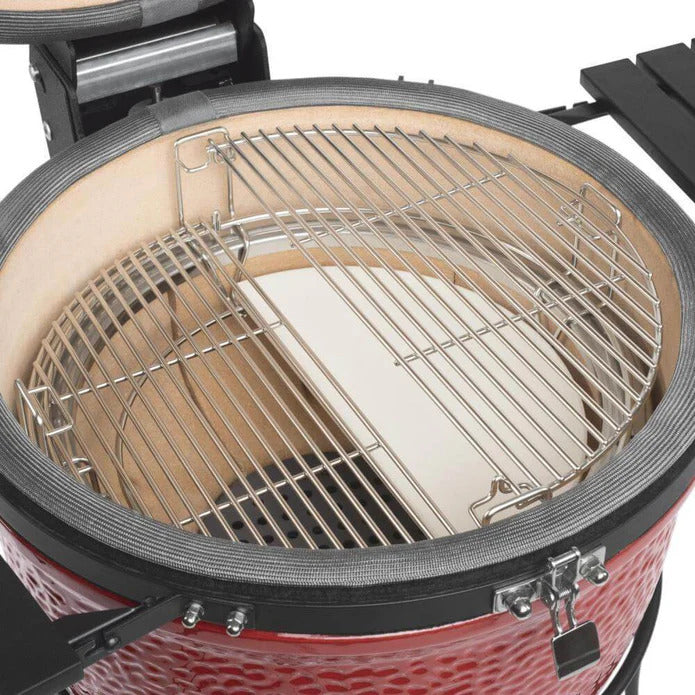 Big Joe II Divide & Conquer two-tier cooking grates on the two levels show how you can cook different foods at different temps at once