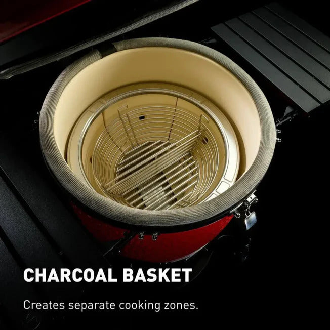 Stainless charcoal basket installed in firebox creates clean two-zone fires that make indirect and direct cooking easier