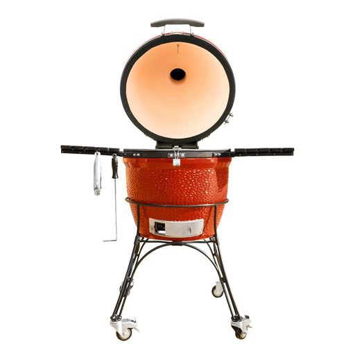Kamado Joe Classic Joe II 18-inch charcoal grill on cart with lid open and side shelves extended, giving backyard cooks extra prep space around the cooker