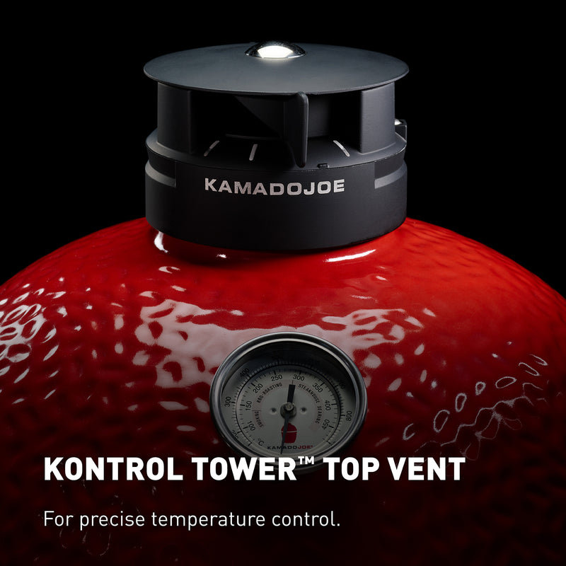 Kontrol Tower top vent and thermometer on Classic Joe II dome allows precise airflow adjustments for steady smoking and searing