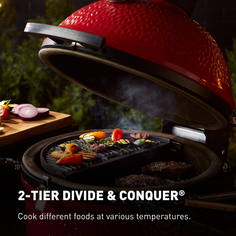 Divide & Conquer two-tier cooking system with food on both levels showing how you can cook different foods at different temps at once
