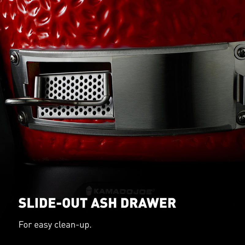 Slide-out ash drawer closed shows the clean design that keeps ash contained between cooks