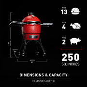 Kamado Joe Classic Joe II 18-inch grill has  cooking capacity for 13 hamburgers, 4 whole chickens, or 2 pork shoulders
