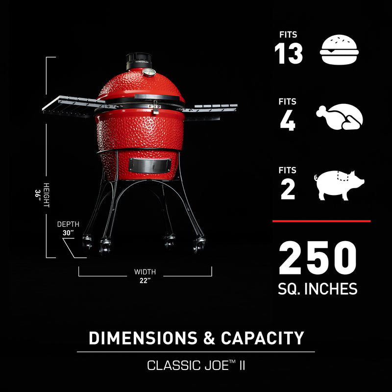 Kamado Joe Classic Joe II 18-inch grill has  cooking capacity for 13 hamburgers, 4 whole chickens, or 2 pork shoulders
